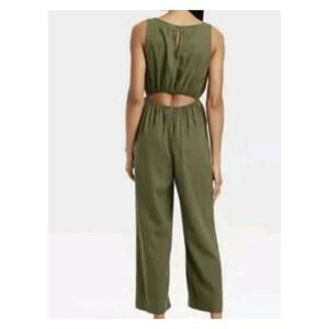 Universal Threads Linen Blend Olive Green V-Neck Key Hole Back Jumpsuit Sz L